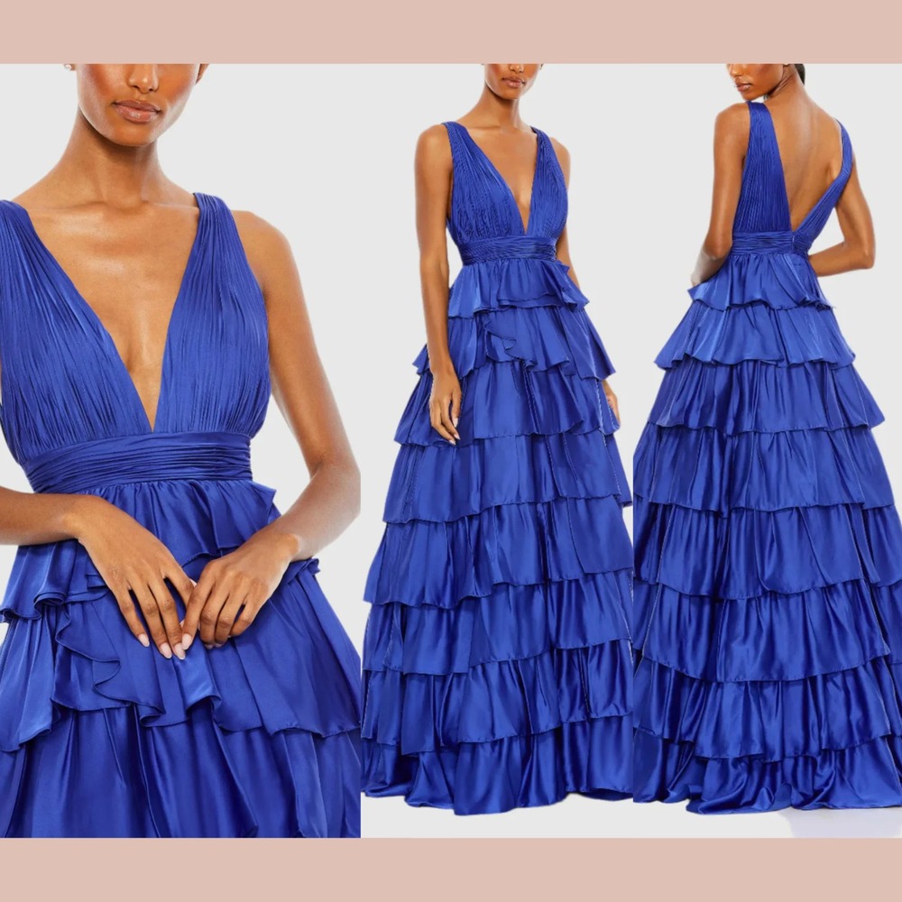 NWT MAC DUGGAL [ 12 ] 67994 Ruffle Tiered Pleated Sleeveless V Neck Gown‎ #S1914